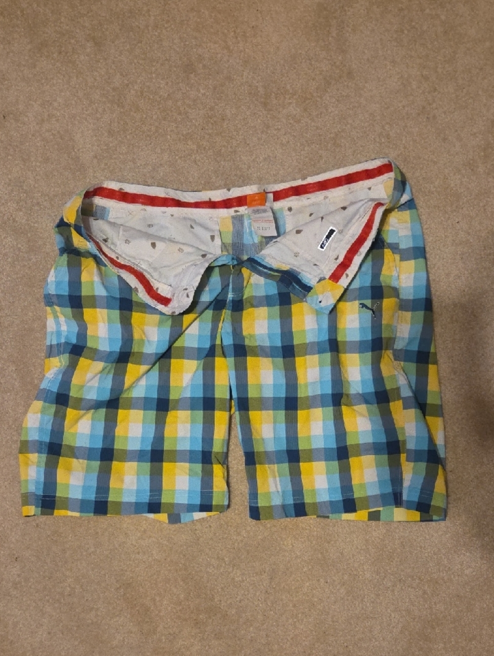 Puma Men's Yellow Blue Green Plaid Hybrid Shorts
